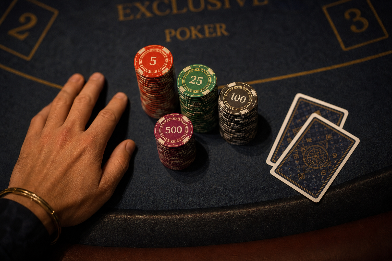 Main posée près de piles de jetons premium avec valeurs imprimées et de deux cartes face cachée aux dos identiques, sur un tapis de casino. Image générée.