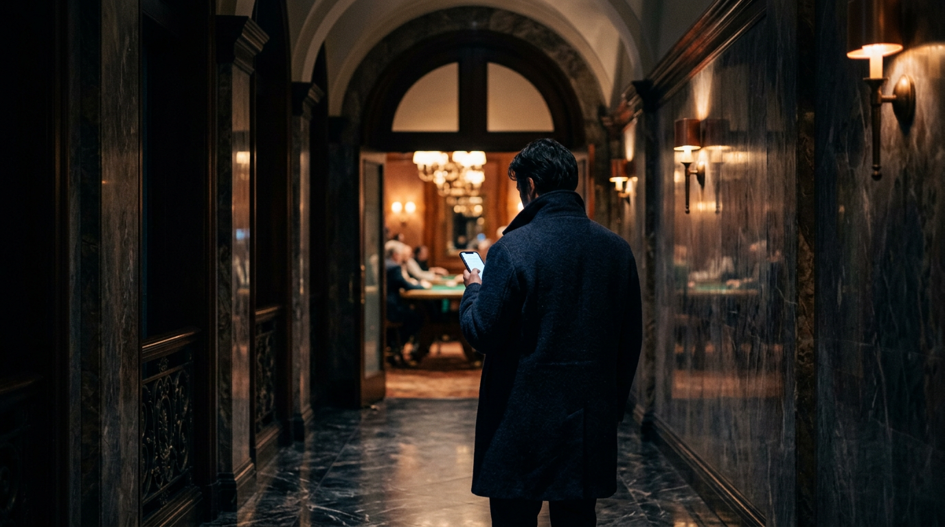 Joueur de dos dans un couloir de casino, téléphone en main, devant une salle de jeu. Image générée.