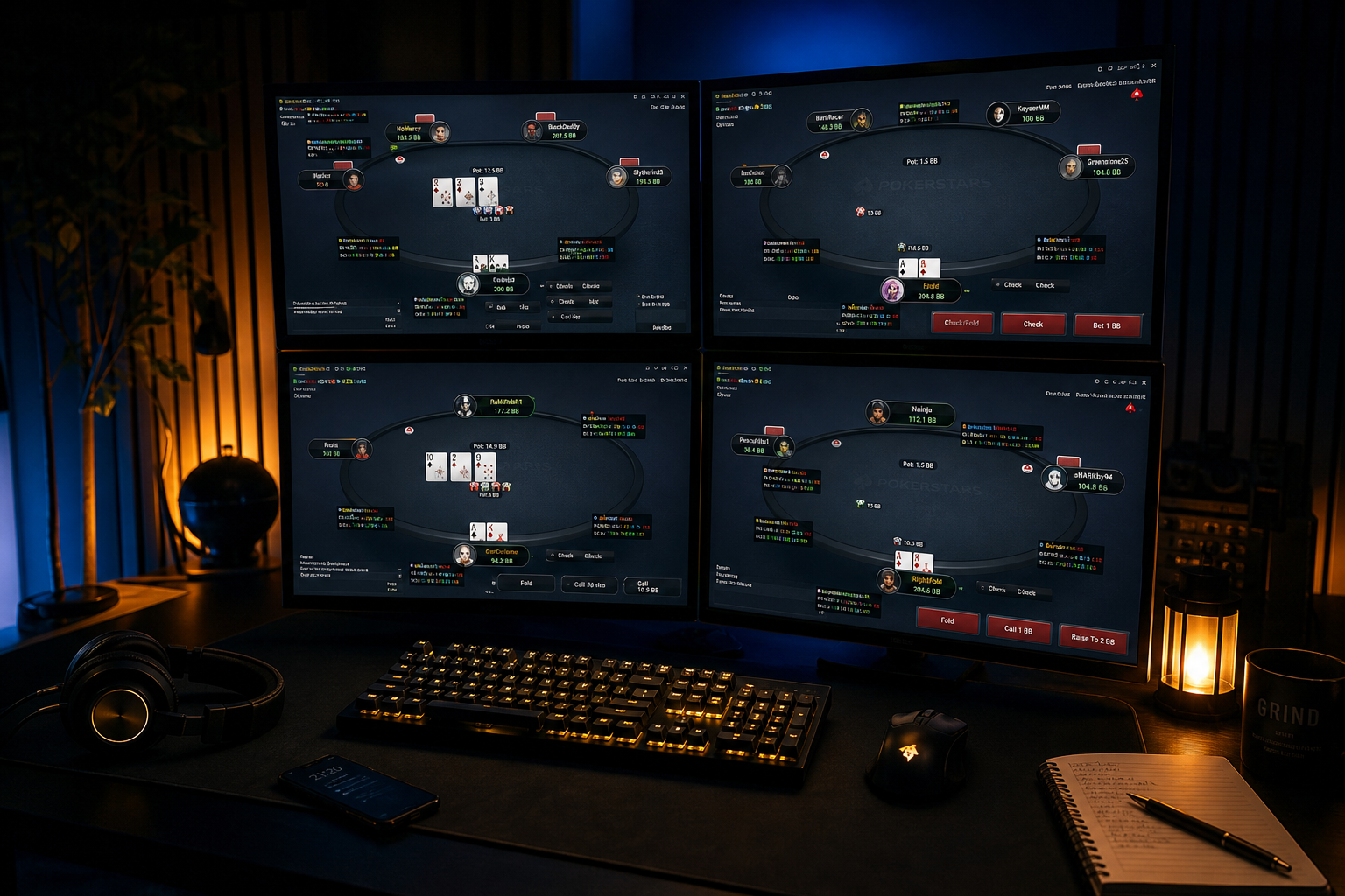 Setup de joueur avec quatre écrans de poker en ligne disposés en deux paires superposées, clavier rétroéclairé, casque, téléphone et carnet. Image générée.